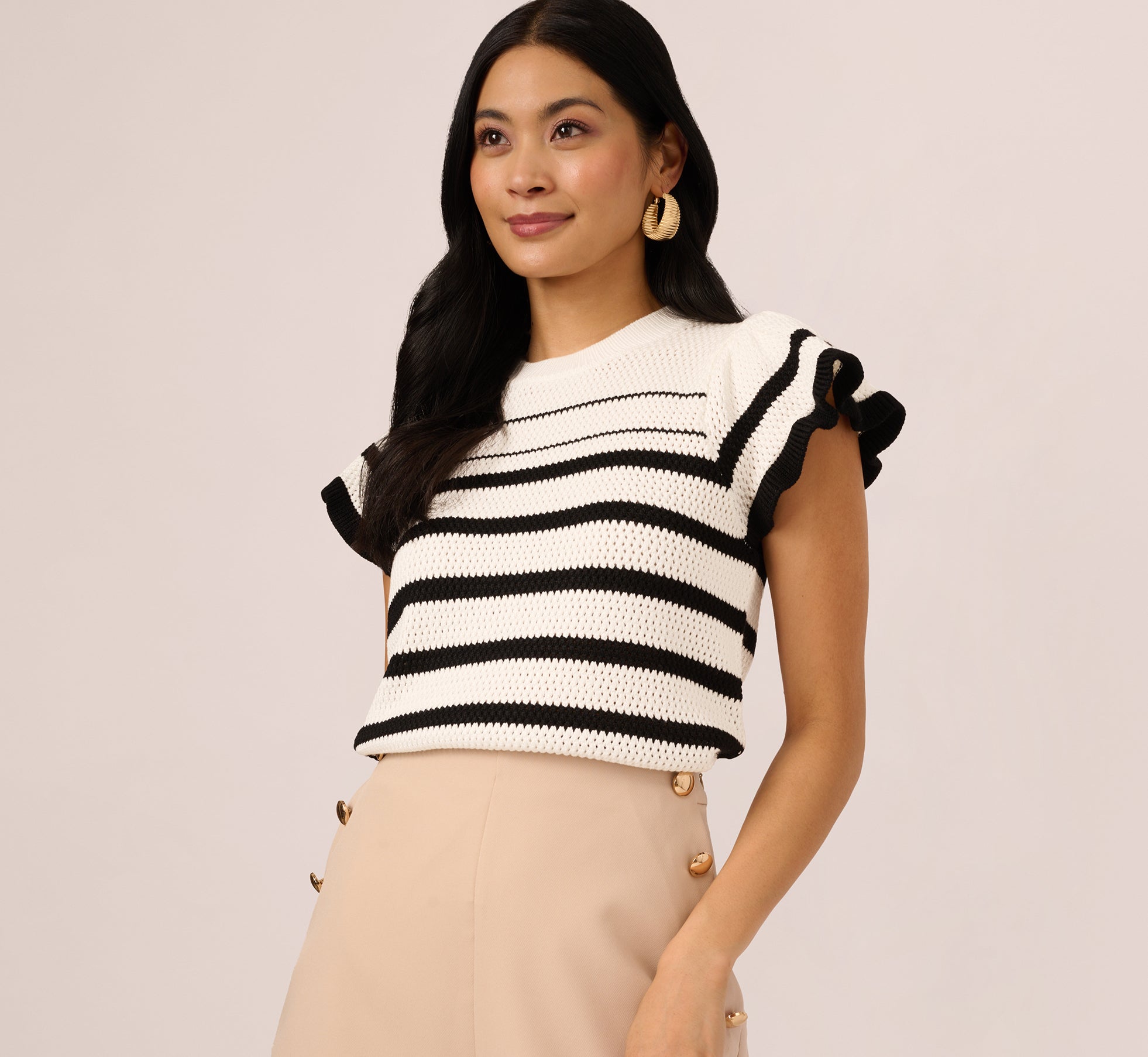 Flounce Sleeve Open Knit Sweater Top In Ivory Black、mySite、solidvoid