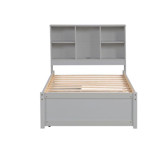 Modern Twin Size Bed Frame With Built-in USB Port on Bookcase Headboard and 2 Drawers for White Washed Color、、xpatfood