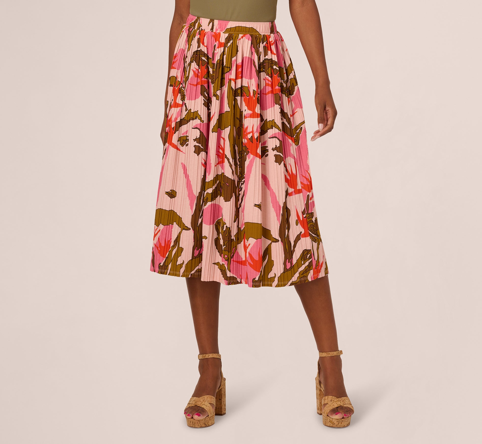 Micropleated Printed A Line Midi Skirt In Pale Mauve Botanic Flora、mySite、solidvoid