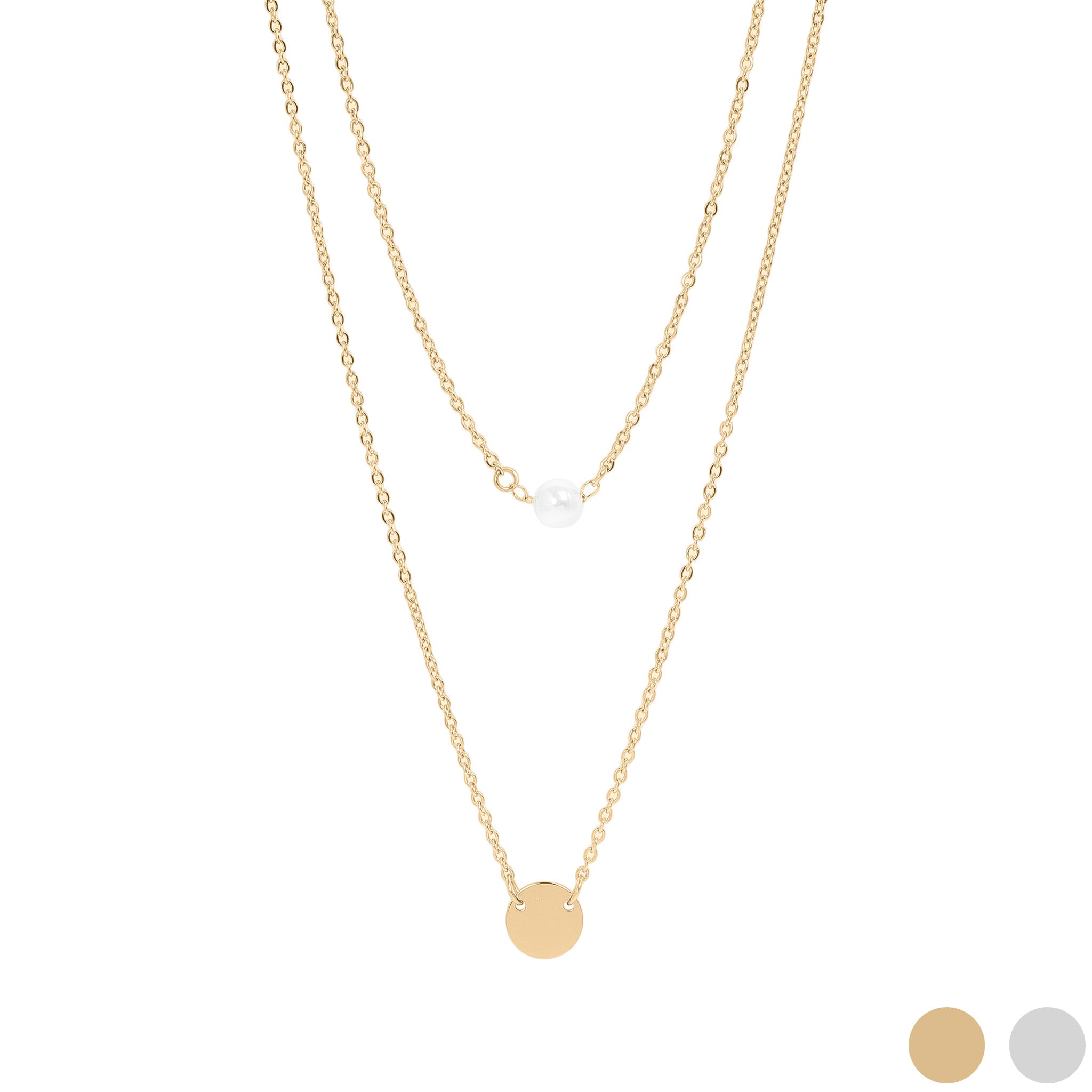 18K Gold PVD Stainless Steel Pearl and Blank Disk Layered Charm Necklace / CHN0004、mySite、dreamappss