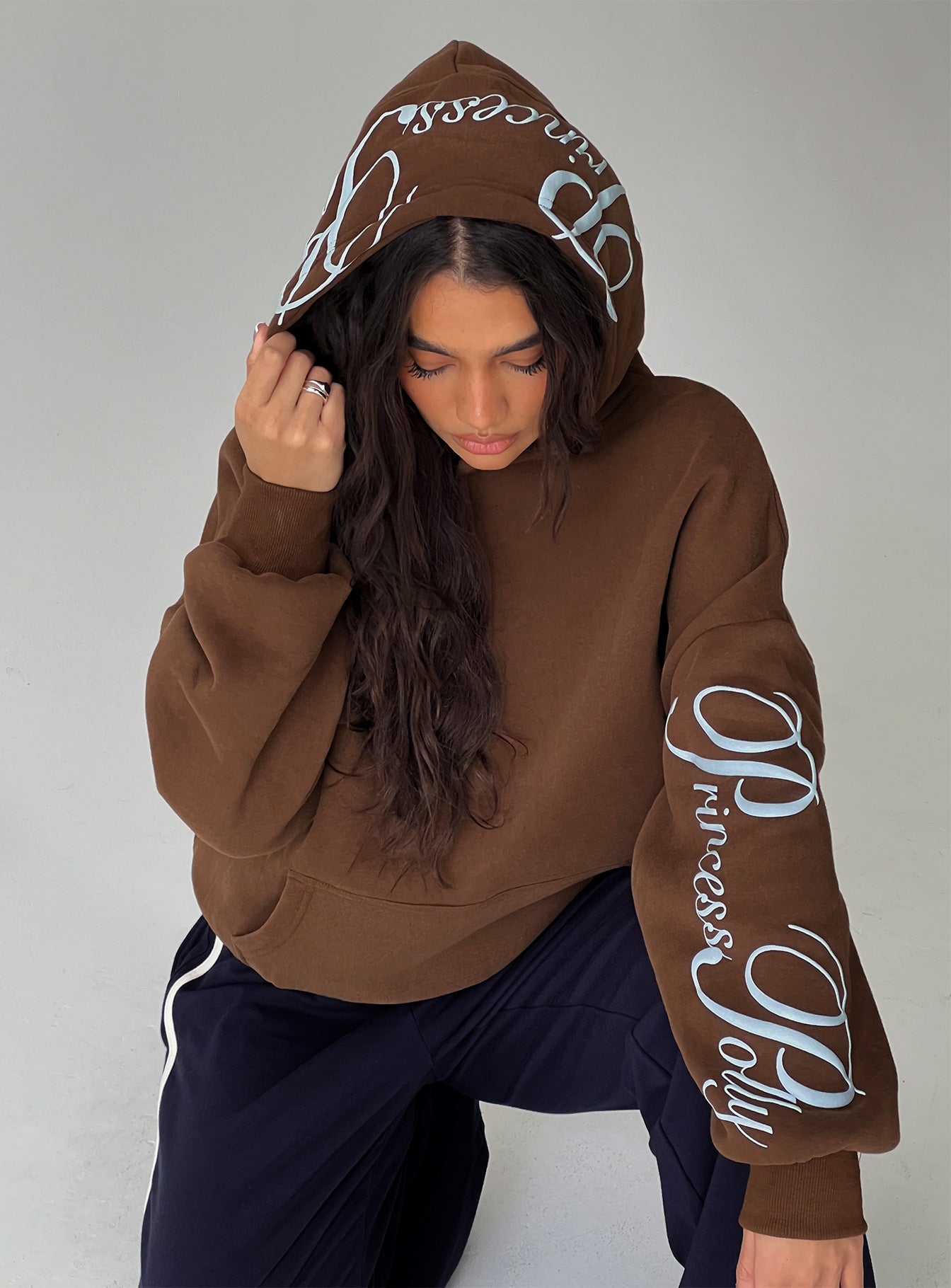Princess Polly Script Text Graphic Hoodie Brown / Blue、mySite、solidvoid
