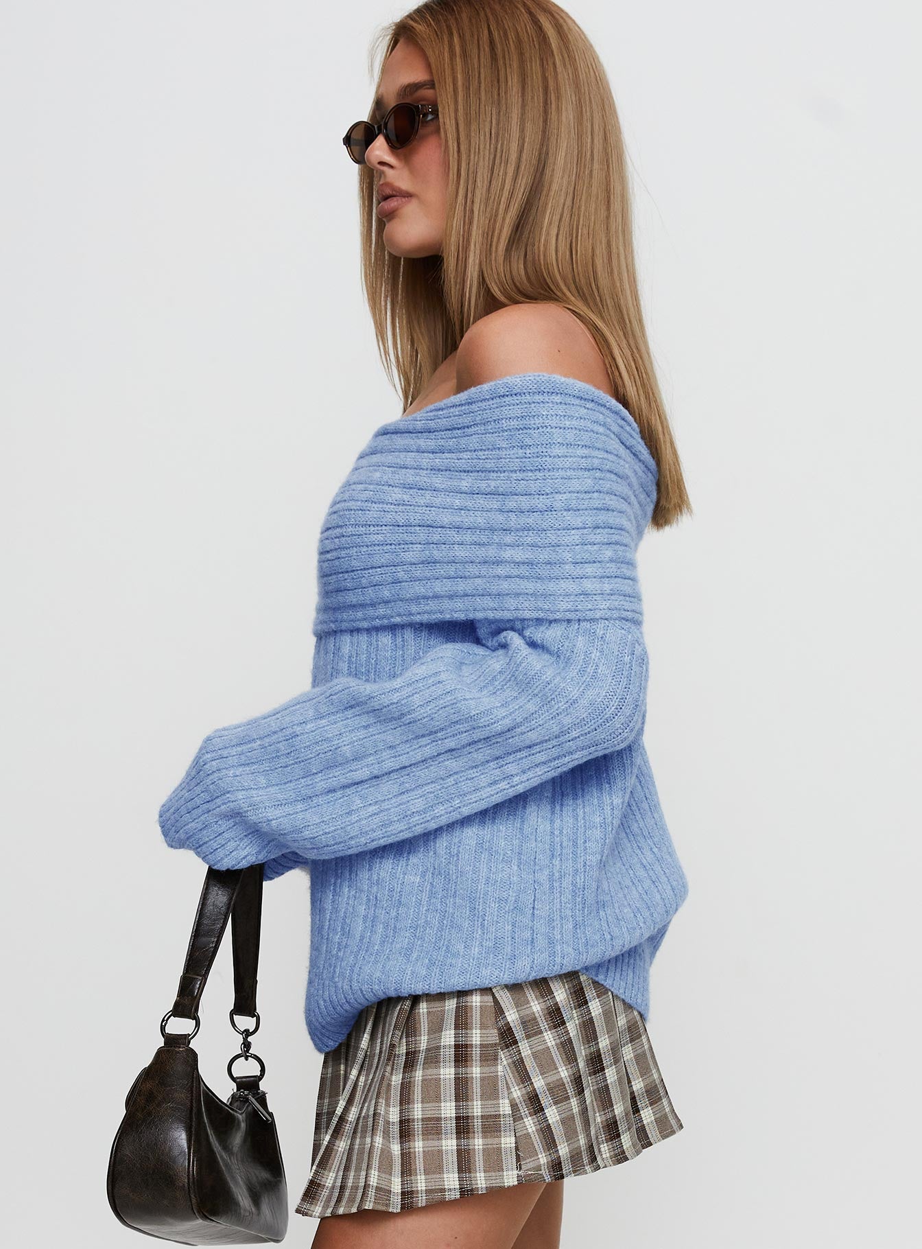 Snowie Off Shoulder Knit Sweater Blue、mySite、solidvoid