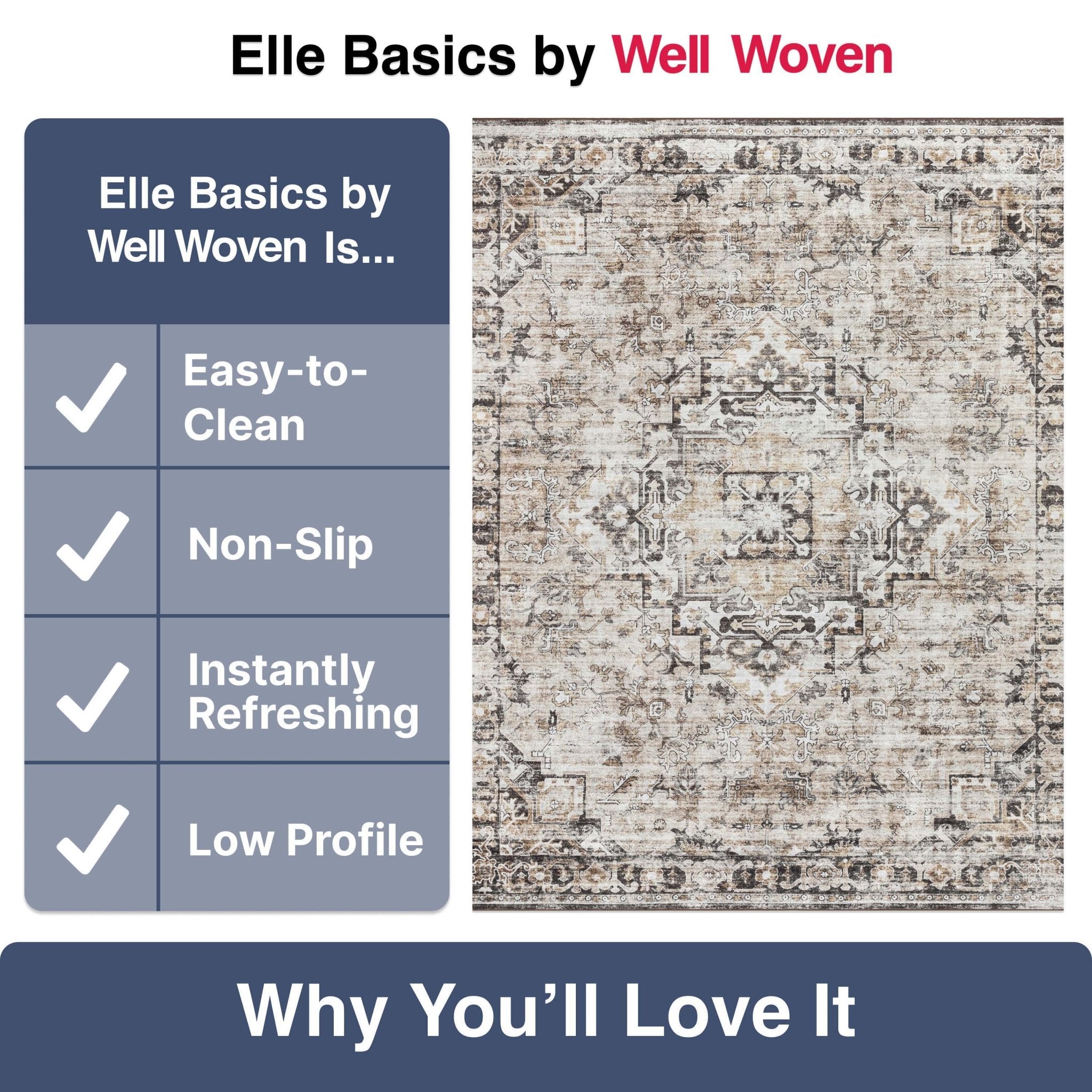 Elle Basics Rendezvous Vintage Medallion Easy-Clean Washable Non-Slip Rug by Well Woven、mySite、gigharbornorthrealestate