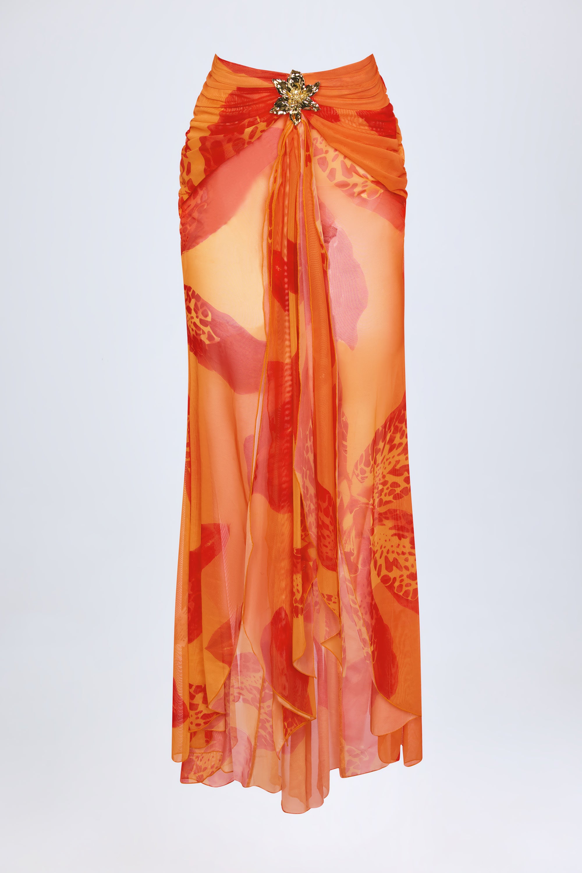  Ruched Hardware-Detail Fishtail Maxi Skirt in Orange Orchid Print、mySite、sugarbowlscore