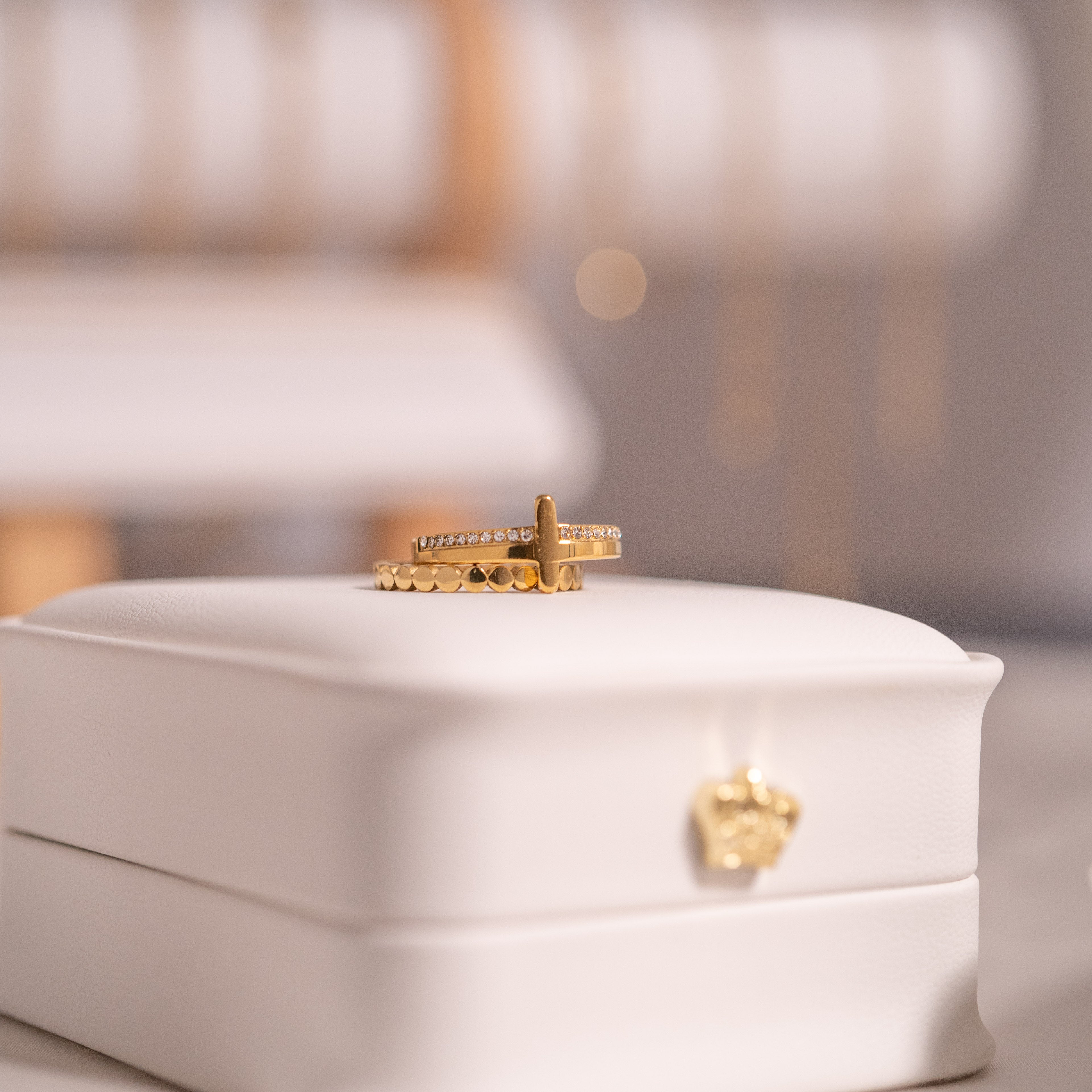 18K Gold PVD Stainless Steel Cross CZ Stone Engraved Stacking Ring / CSR0012、mySite、dreamappss