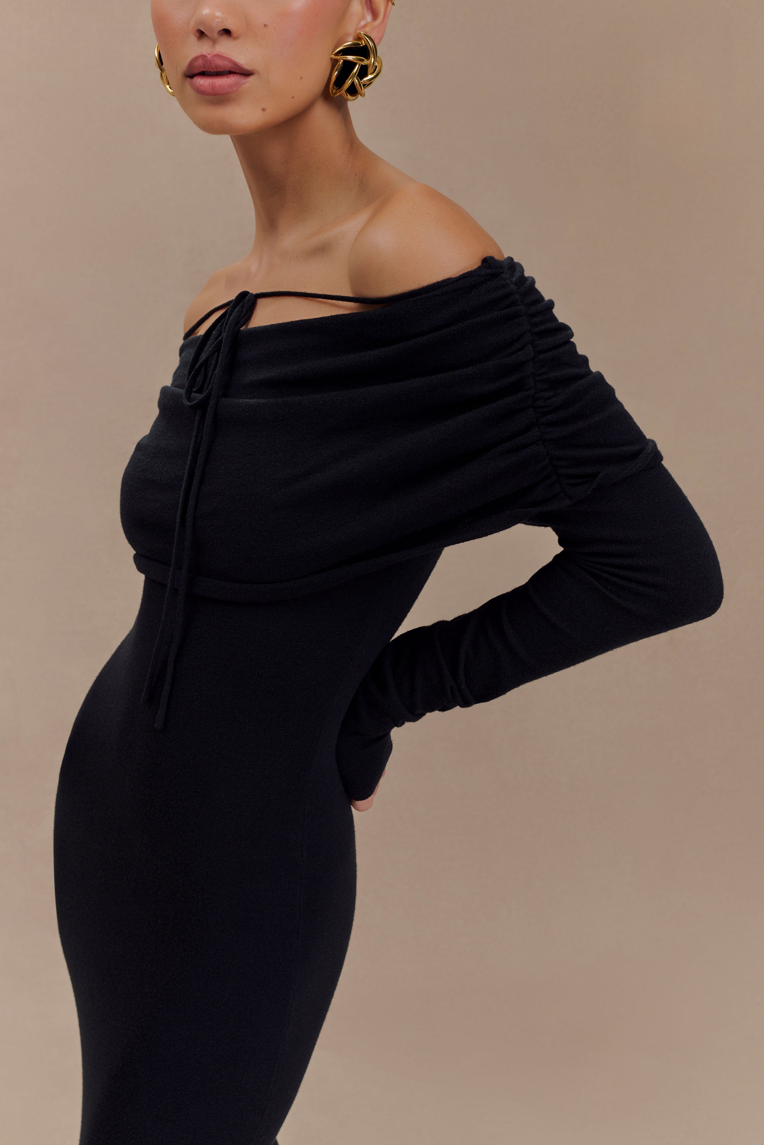 Georgiana Off Shoulder Knit Midi Dress - Black、mySite、solidvoid