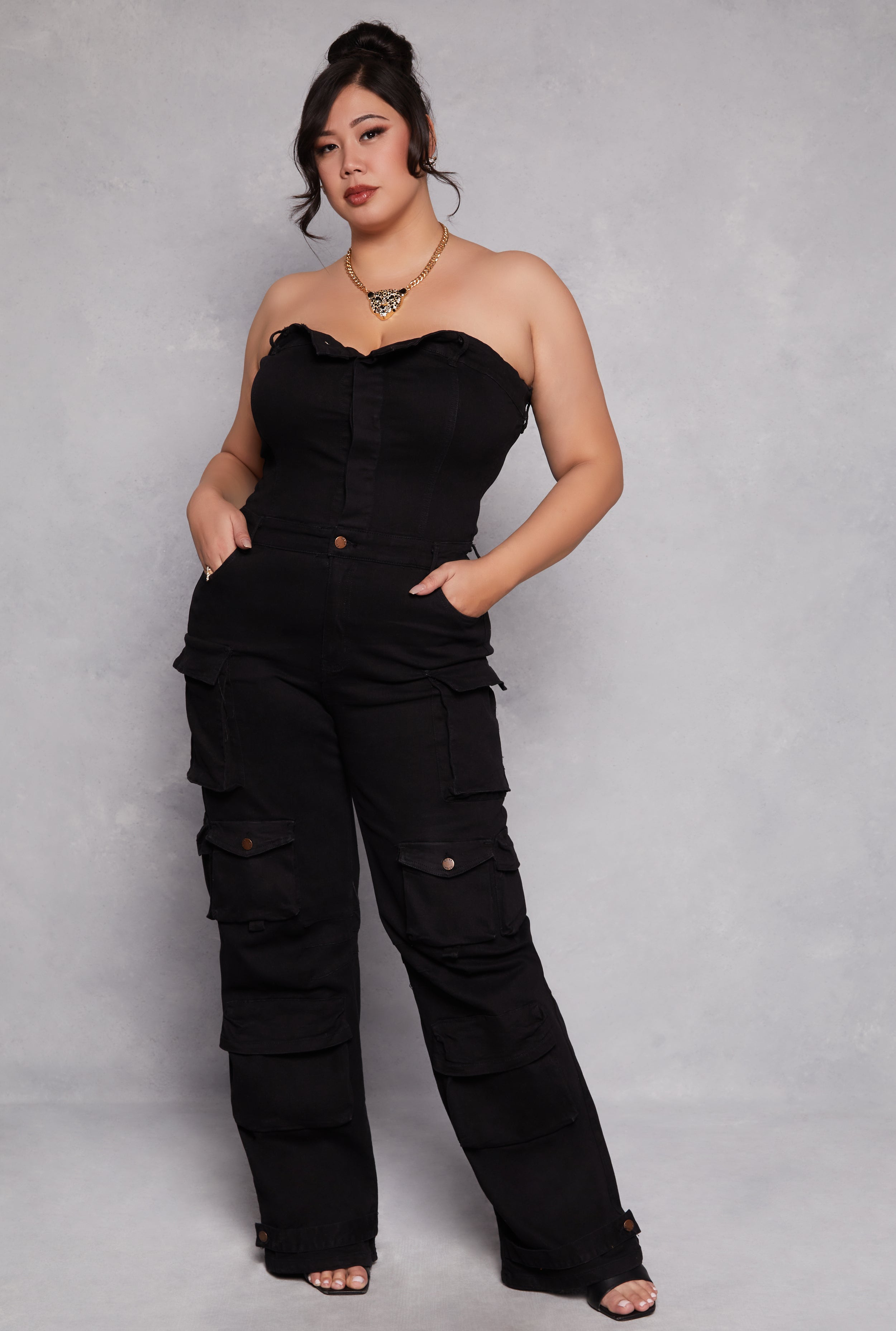 Plus Size Daisy Denim Strapless Utility Jumpsuit、mySite、camillekostekn