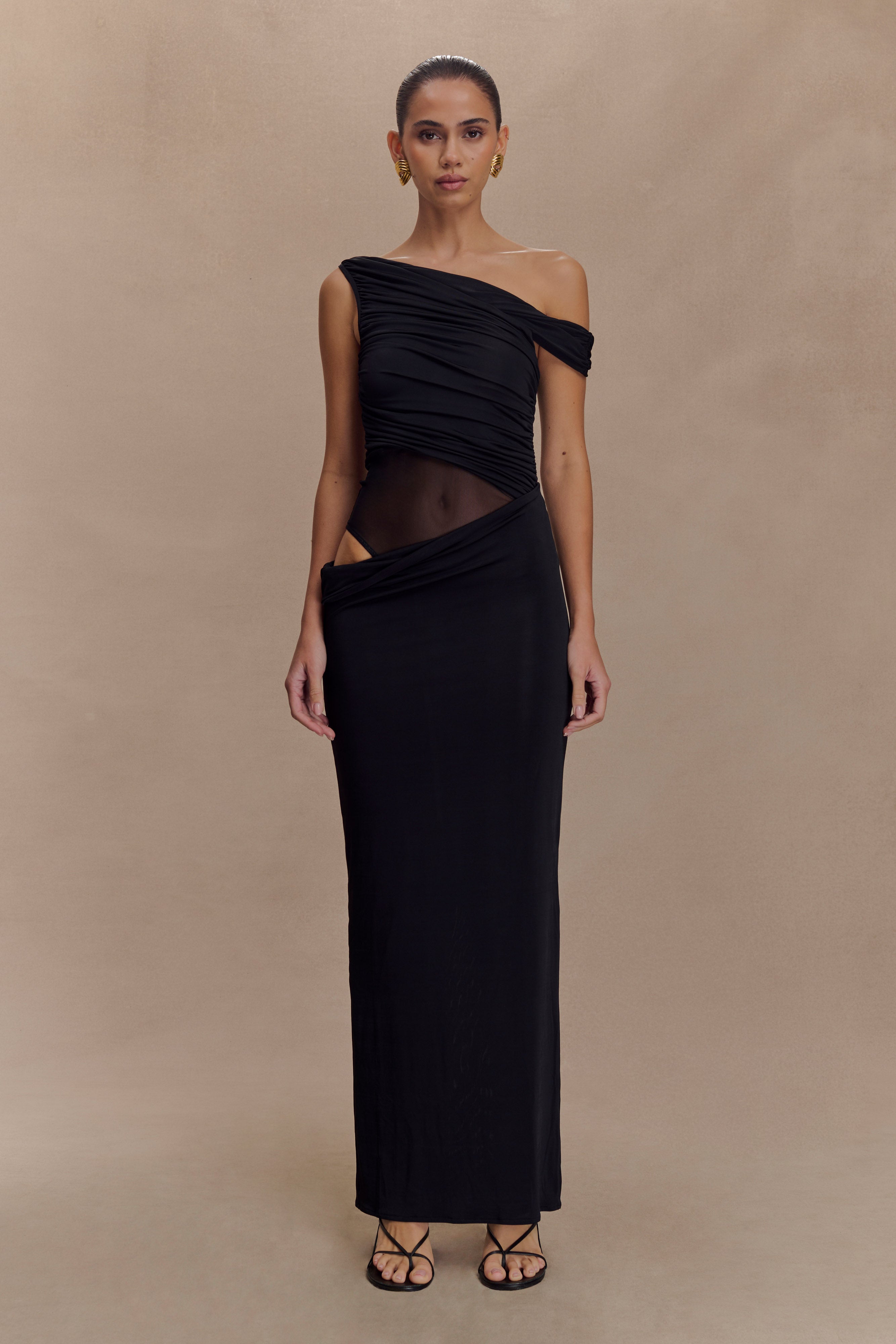 Callen One Shoulder Slinky Maxi Dress - Black、mySite、solidvoid