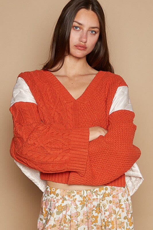 POL Cable Knit Quilting Patch V-Neck Contrast Sweater、mySite、camillekostekn