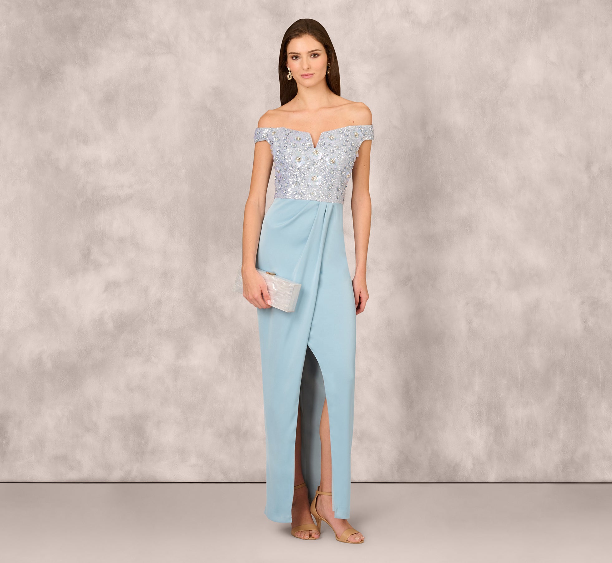 Off Shoulder Beaded Satin Combo Long Dress In Clear Water、mySite、solidvoid