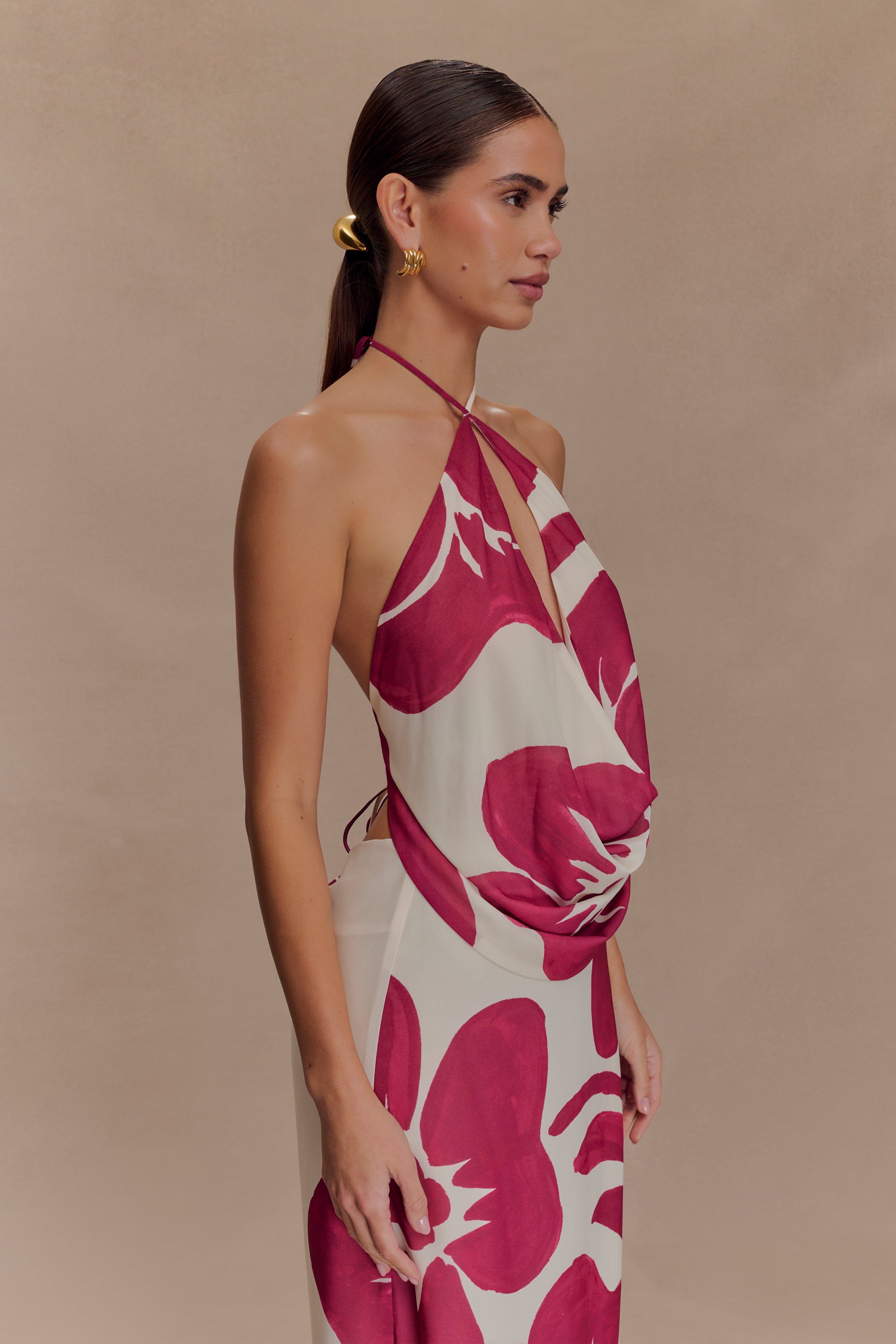 Katalina Chiffon Cowl Halter Top - Red Deco Fleur Print、mySite、solidvoid