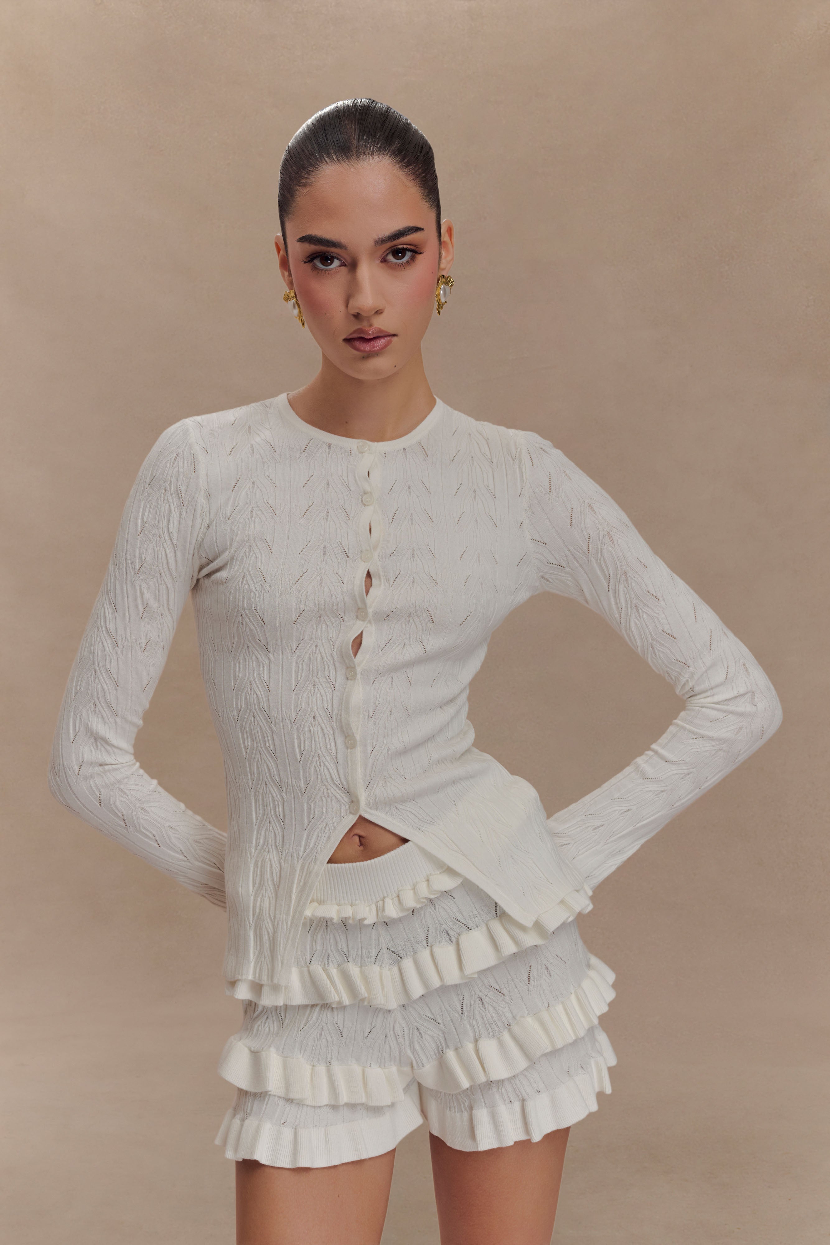 Amy Pointelle Bell Sleeve Cardigan - Ivory、mySite、solidvoid