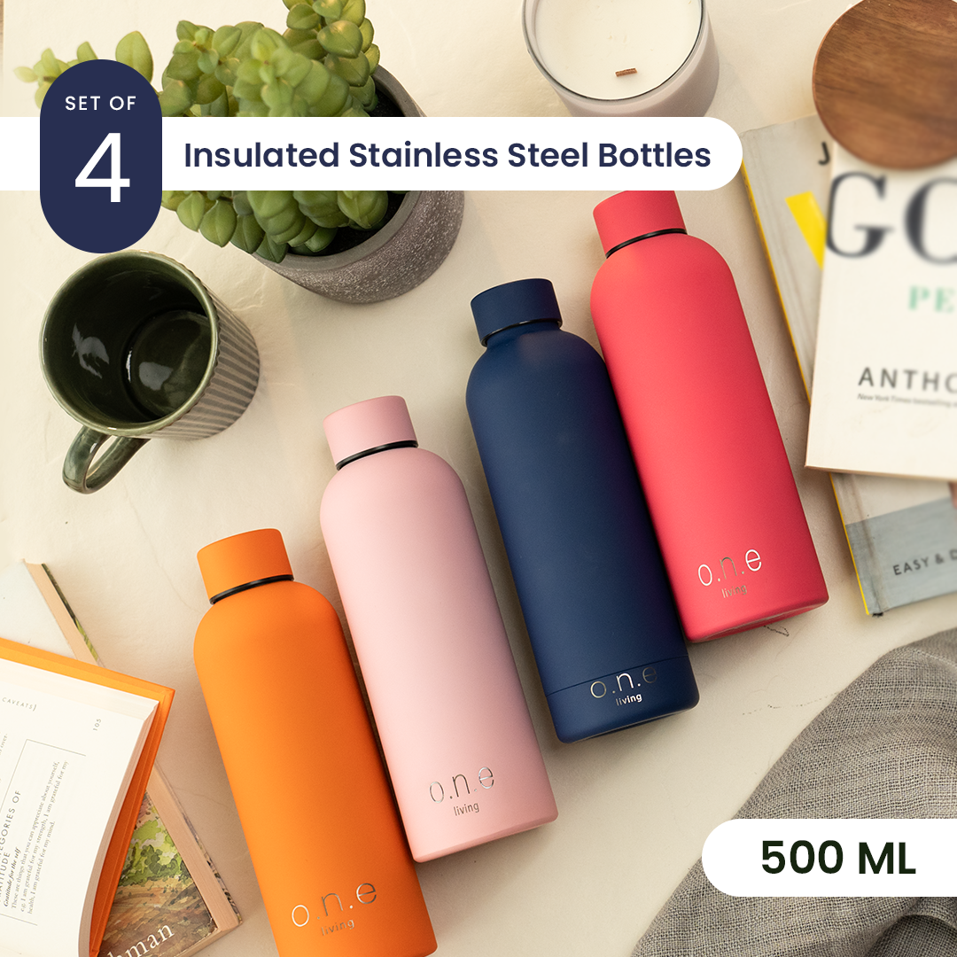 Insulated Stainless Steel Bottles | Set of 4 | 500 ml | Orange, Light Pink, Blue & Dark Pink | BPA Free、mySite、camillekostekn