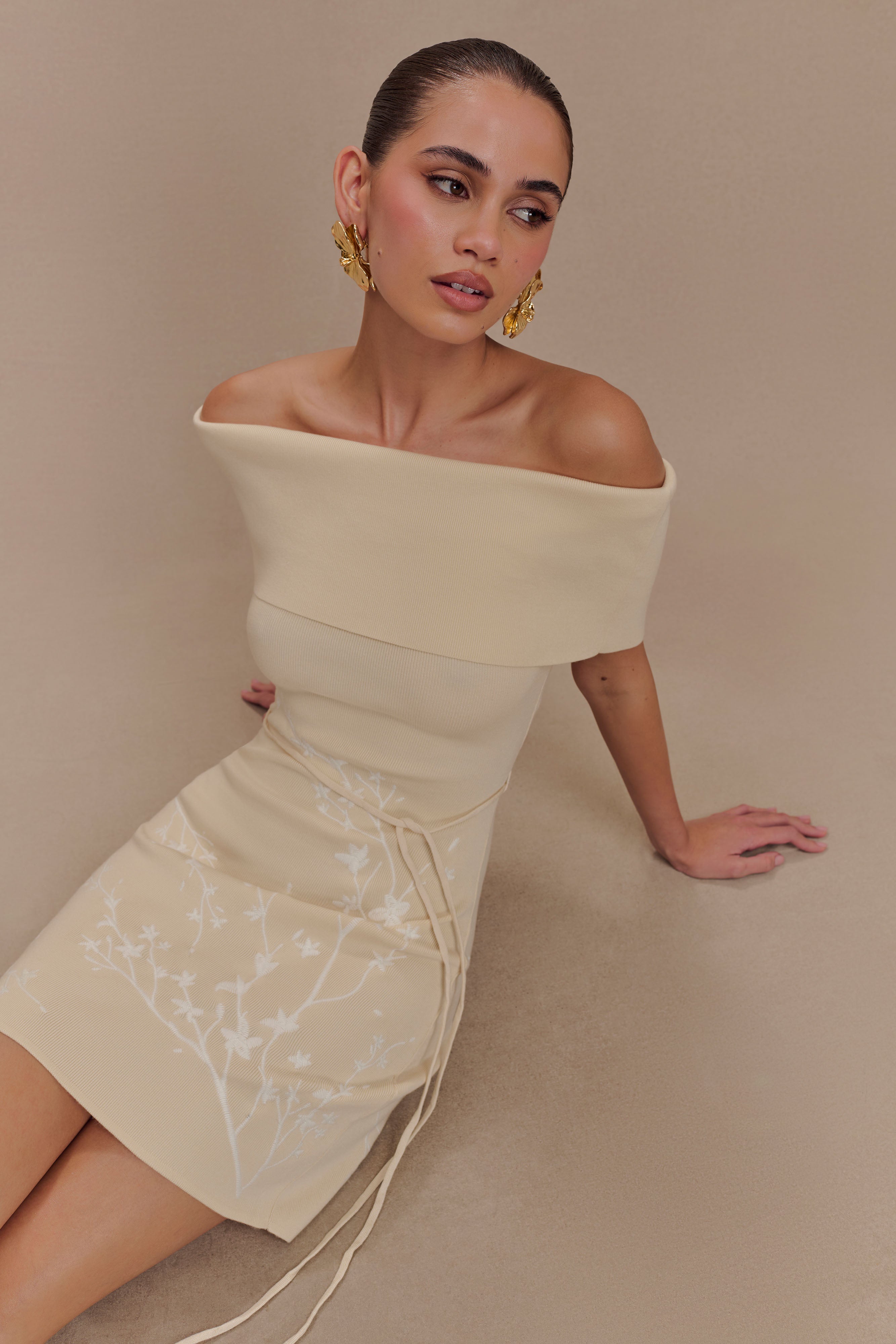 Mallory Off Shoulder Embroidered Knit Mini Dress - Cream And Ivory、mySite、solidvoid