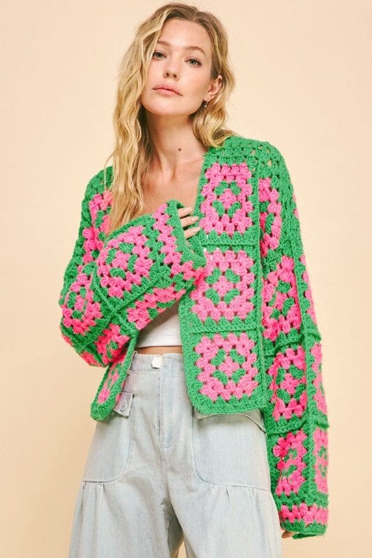 Davi & Dani Full Size Two Tone Flower Square Crochet Open Front Cardigan、mySite、camillekostekn