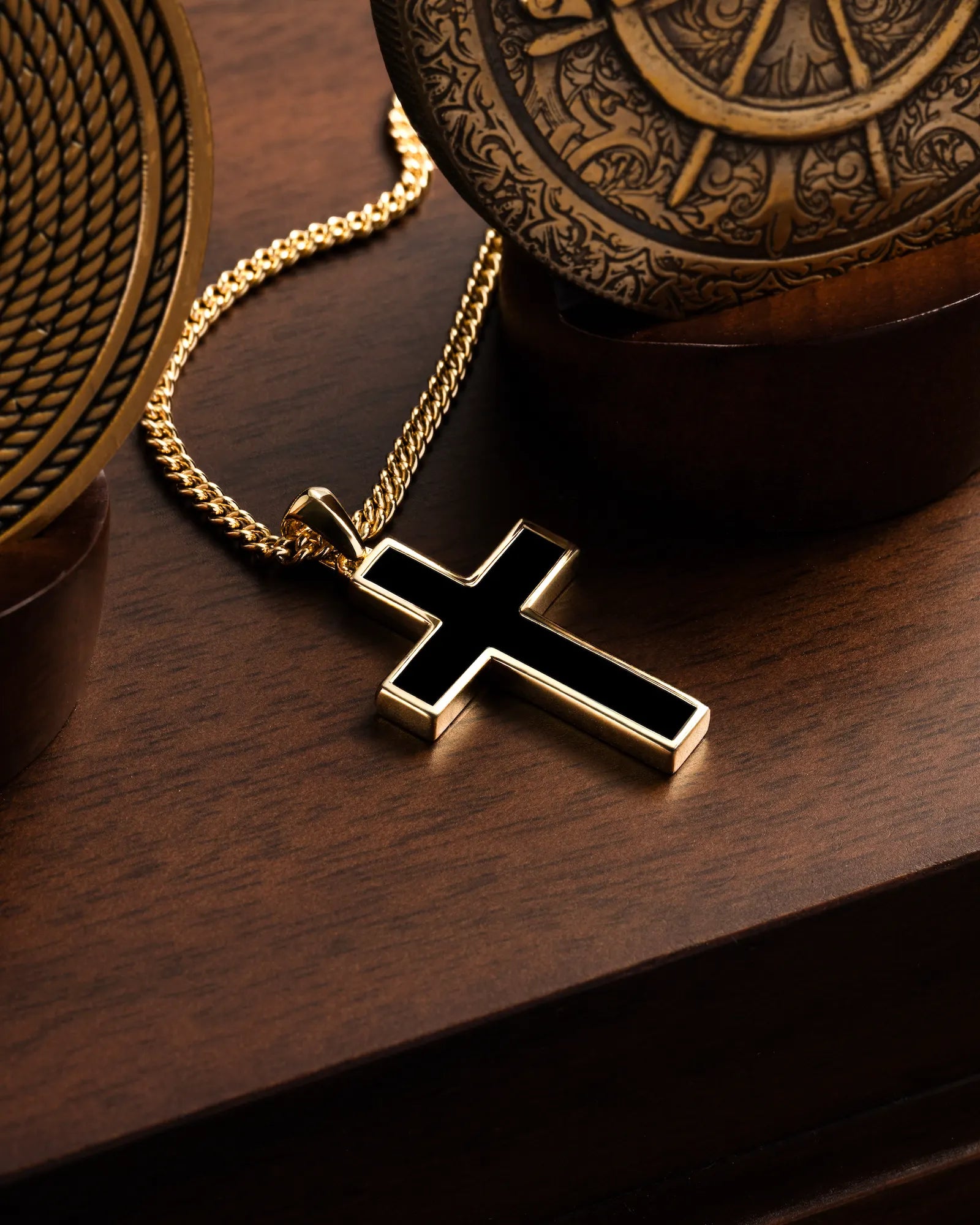  Stone Cross (Large) - 14K Gold Onyx