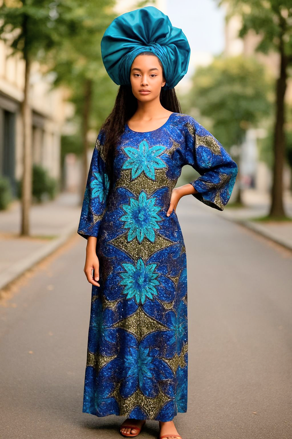 Dupsie's Uju Royal Blue teal sequined African print Ankara Kitenge dress DPXBTGAPD、mySite、solidvoid