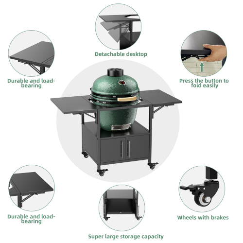 Outdoor Grill Table for Big Green Egg Style BBQ, Metal Grill Cart with 2 Folding Panels, Compatible with up to Large Green Egg, Kamado Joe Jr、、eastwooduniform