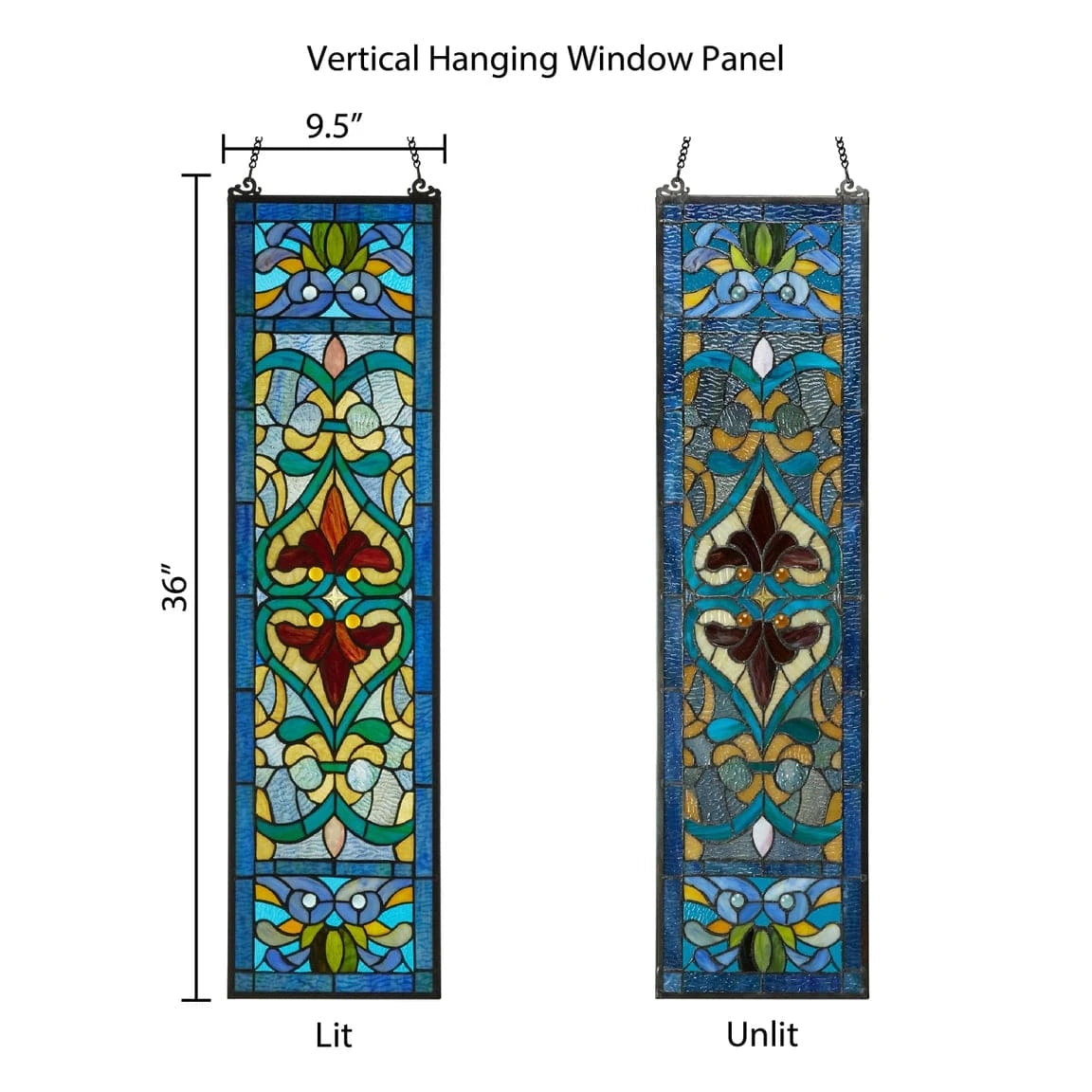 Lani Blue Victorian Stained Glass Window Panel 36H、mySite、g9winljtr