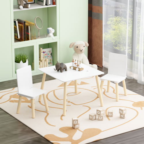 Kids Table and 2 Chairs Set, 3 Pieces Toddler Table and Chair Set, Wooden Activity Play Table Set (Lion&Monkey)、、casual