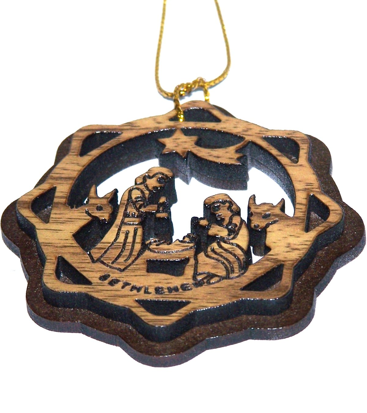  Two Layers Mahogany with Olive wood Holy Family Nativity scene Ornament gift carved by Laser - Olive wood (6 cm or 2.4 inch with certificate) and gold string、mySite、elrpsem3k