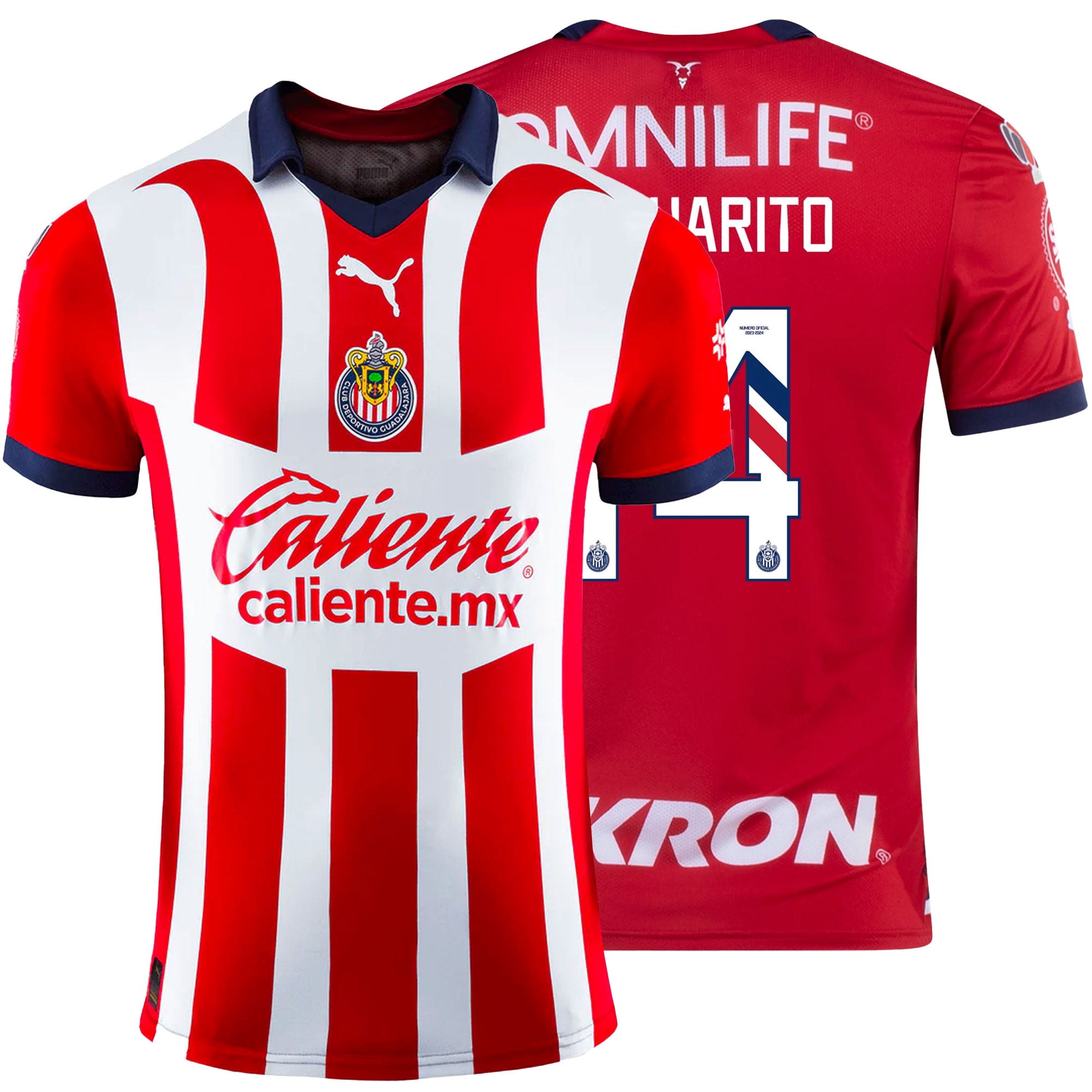 PUMA Men's Chivas De Guadalajara 2023/24 Authentic Home Jersey w/ Chicharito #14 Printing、mySite、noshort