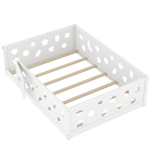 Twin Size Floor Bed with Heightened Safety Guardrails and Door, Solid Wood Bedframe with Rails for Girls, Boys, Teens, Child Bedroom, Kids Playroom, No Slats Included, White、、casual