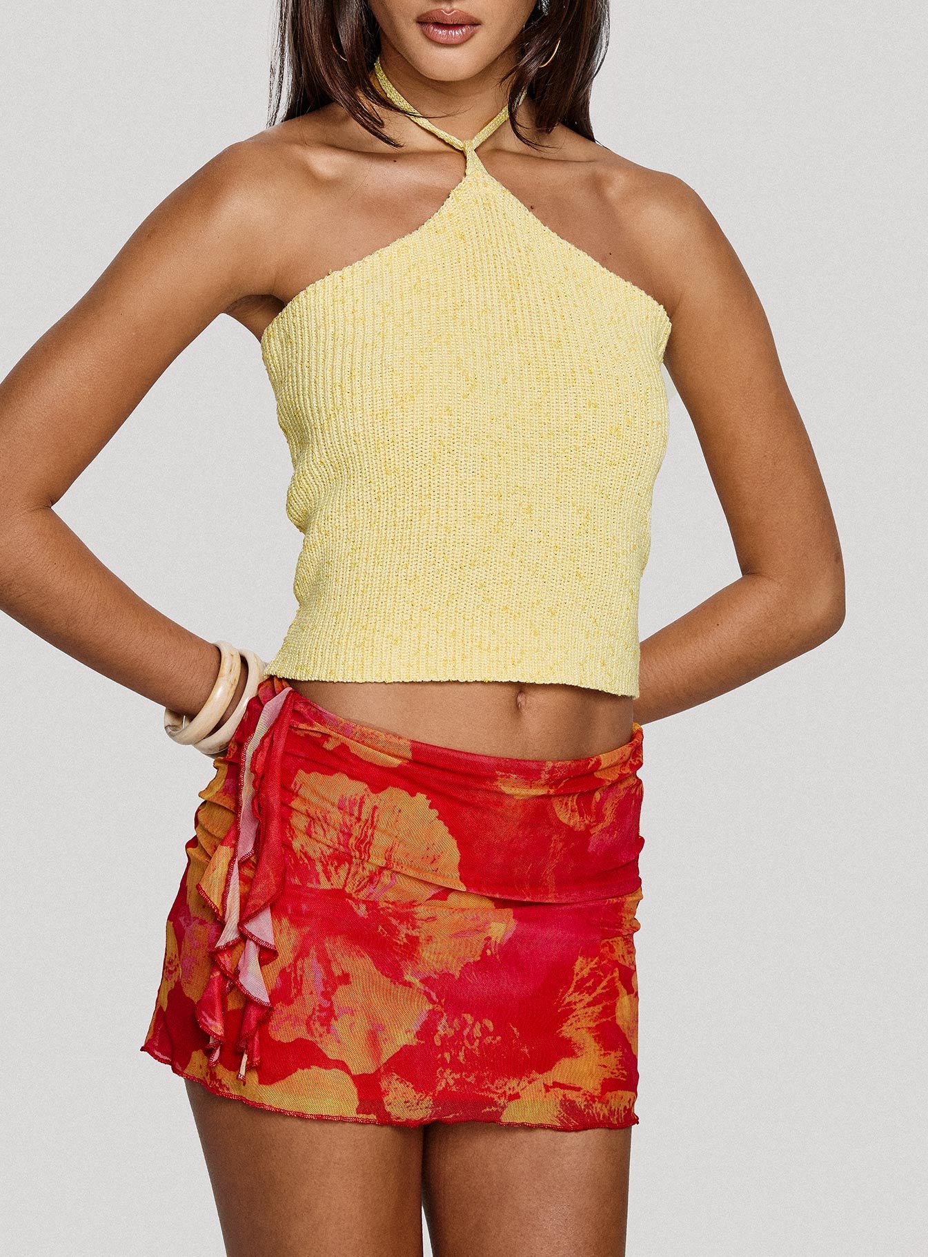 Liloha Frill Mesh Mini Skirt Orange Multi、mySite、solidvoid