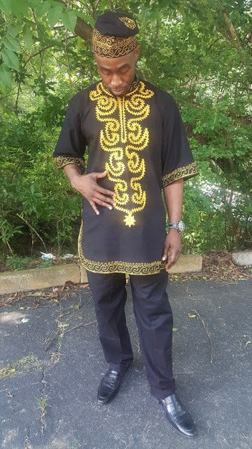 Black and Gold Embroidered #Dashiki Top and Pants-DPJD200GS、mySite、solidvoid