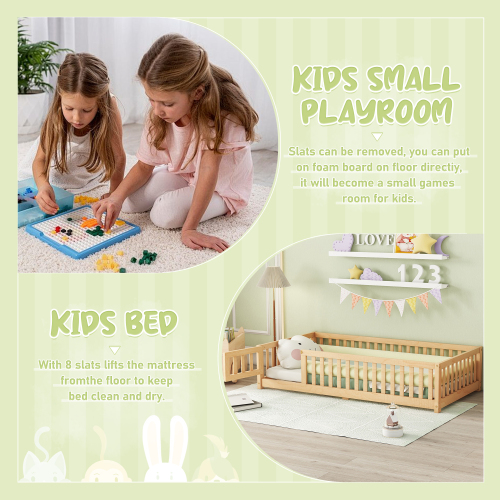 Twin Size Bed Floor Bed with Safety Guardrails and Door for Kids, Natural(Old SKU: W158090686)、、casual