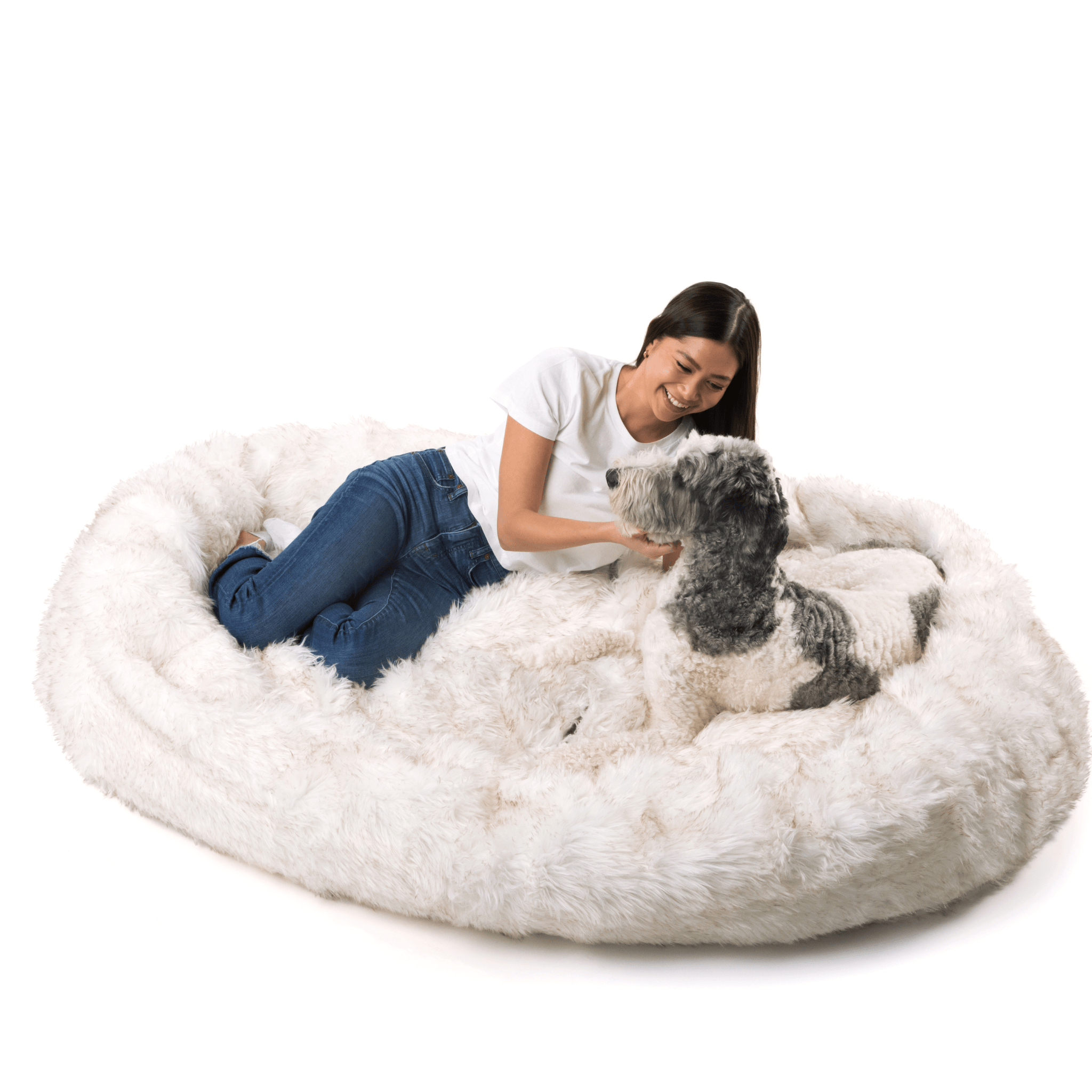 PupCloud™ Human-Size Faux Fur Memory Foam Dog Bed - White with Brown Accents、mySite、solidvoid