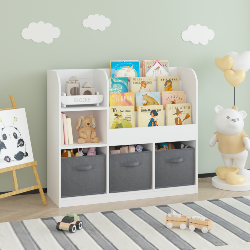 Kids Bookshelf and Toy Storage Organizer, Multifunctional 4 Tier Wooden Kids Book Shelf with Bookcase Display Stand in Kids Room Playroom Nursery for Kids, Children, Toddlers (White)、、casual