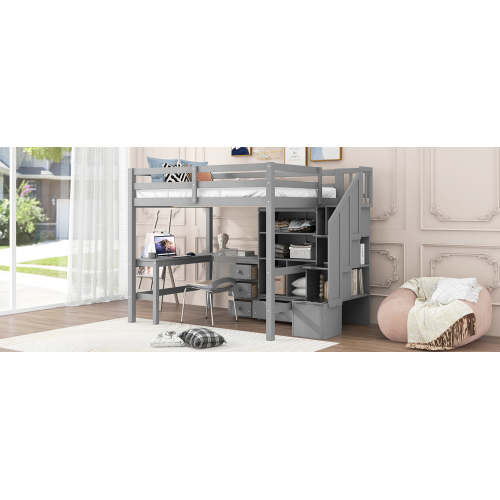 Twin Size Loft Bed with L-Shaped Desk and Drawers, Cabinet and Storage Staircase, White、、casual