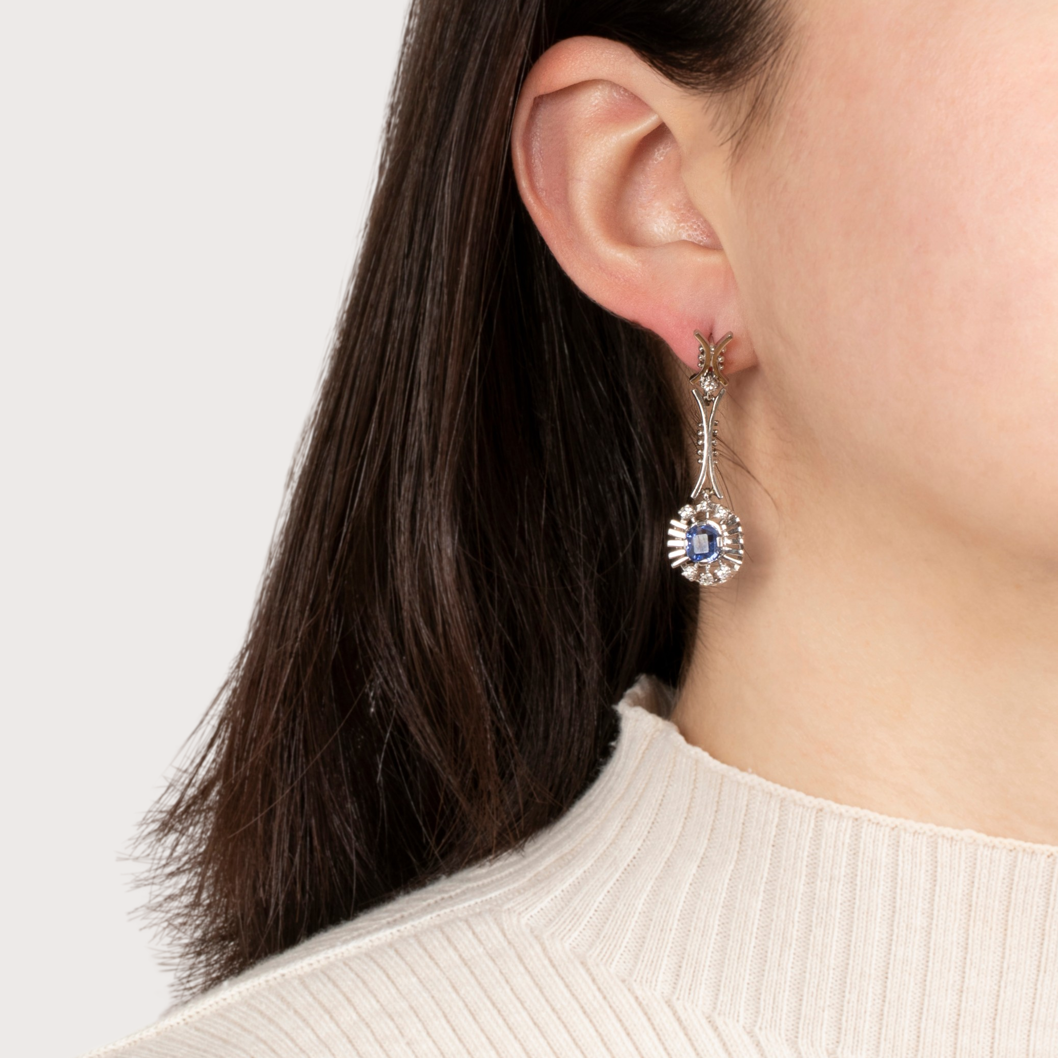 Vintage 18k White Gold 1.72cttw No Heat Sapphire Diamond Dangle Earrings、mySite、hinf8tx79