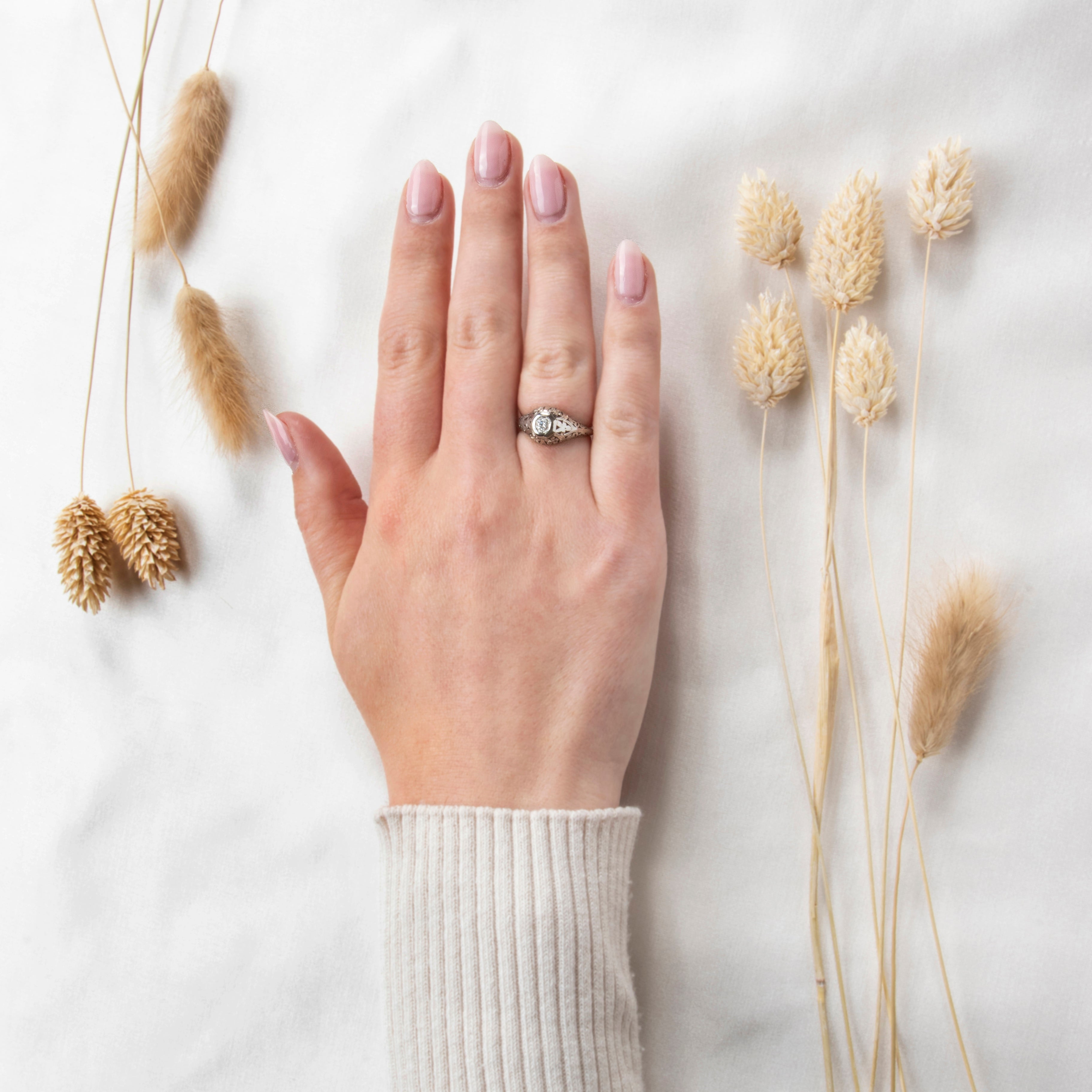 Antique Art Deco 18k White Gold Diamond Openwork Floral Filigree Ring 6.25、mySite、hinf8tx79