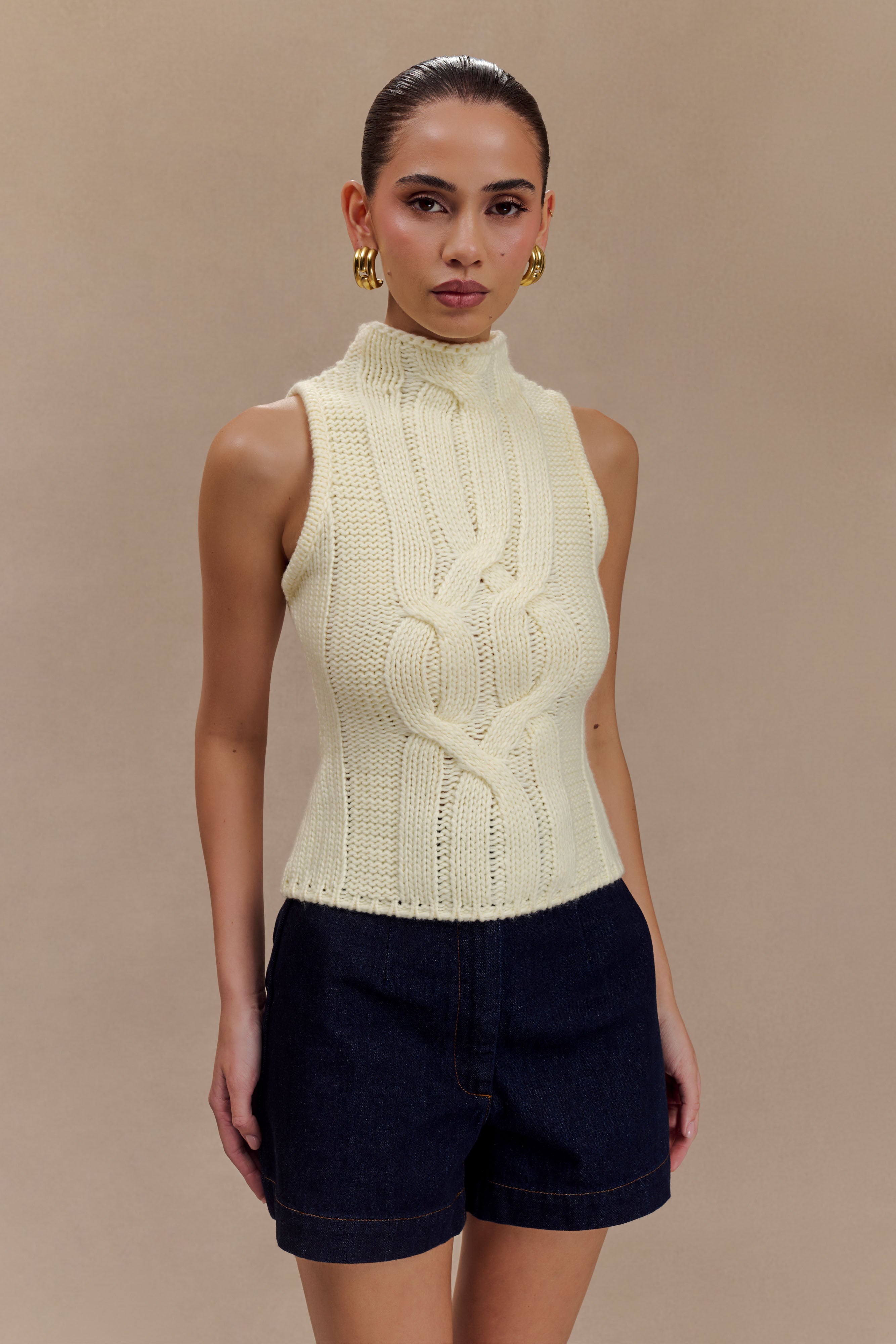 Roberta High Neck Cable Knit Top - Ivory、mySite、solidvoid