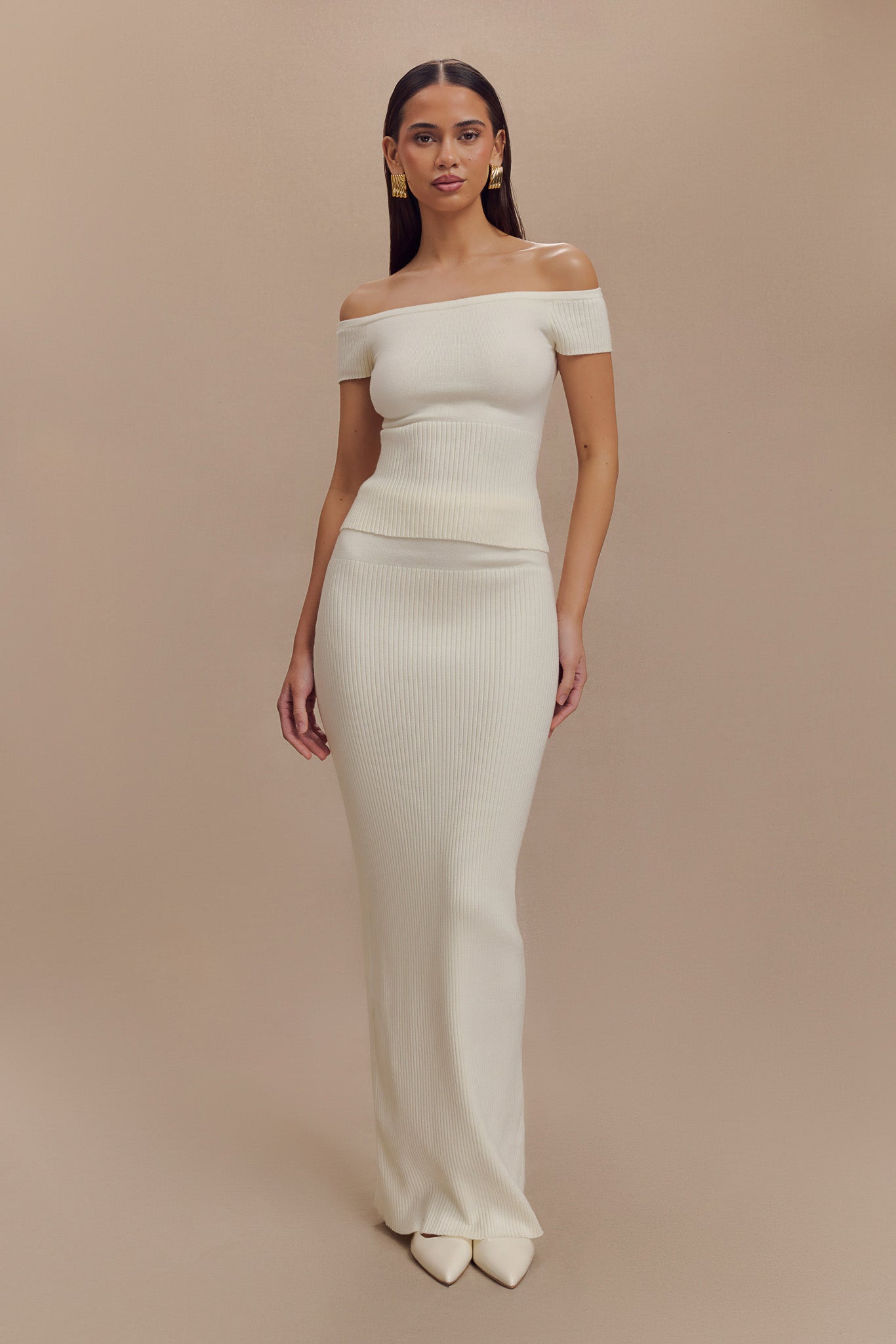 Mathilde Ribbed Knit Off Shoulder Top - Ivory、mySite、solidvoid