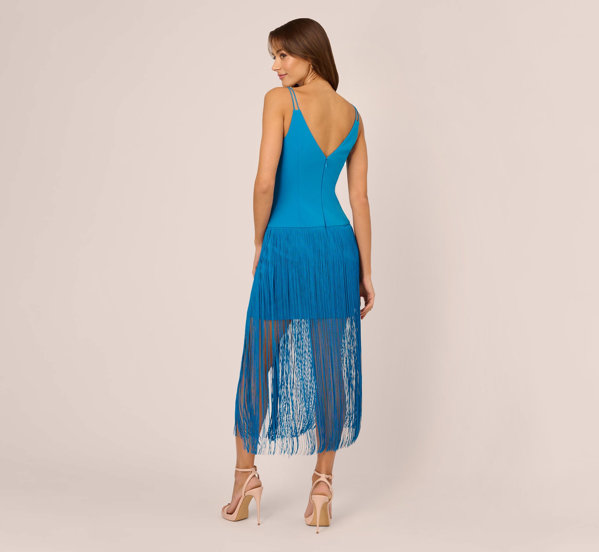 Crepe Fringe Dress With Double Spaghetti Straps And V Back In Deep Cerulean、mySite、solidvoid