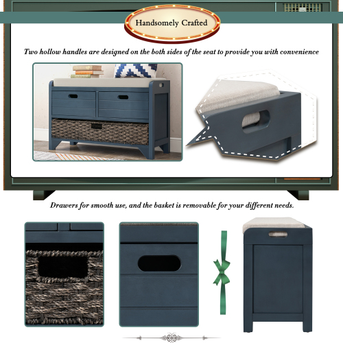 TREXM Storage Bench with Removable Basket and 2 Drawers, Fully Assembled Shoe Bench with Removable Cushion (Navy)、、casual