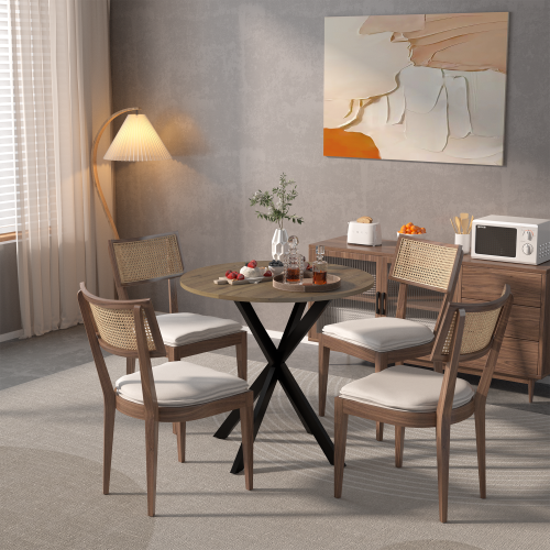 31.5 Inch Round Dining Table, Small Circle Kitchen Table with Metal Black Legs for 2-4 people,Modern Dining Room Table, Brown (only table)、、casual