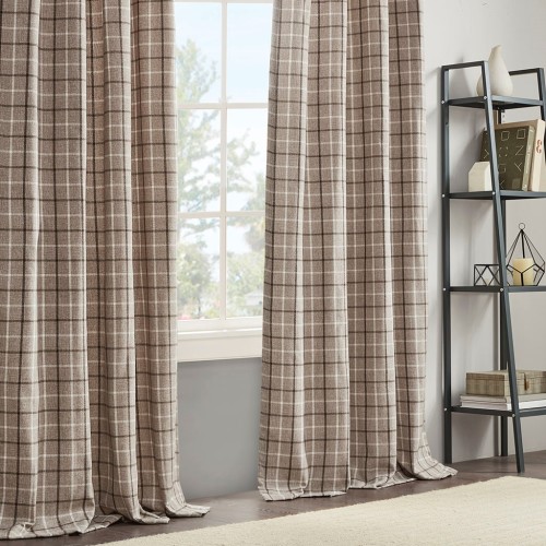 Plaid Rod Pocket and Back Tab Curtain Panel with Fleece Lining Brown 50x84"、、eastwooduniform