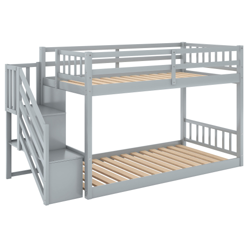 Twin over Twin Floor Bunk Bed, Ladder with Storage, Gray、、casual