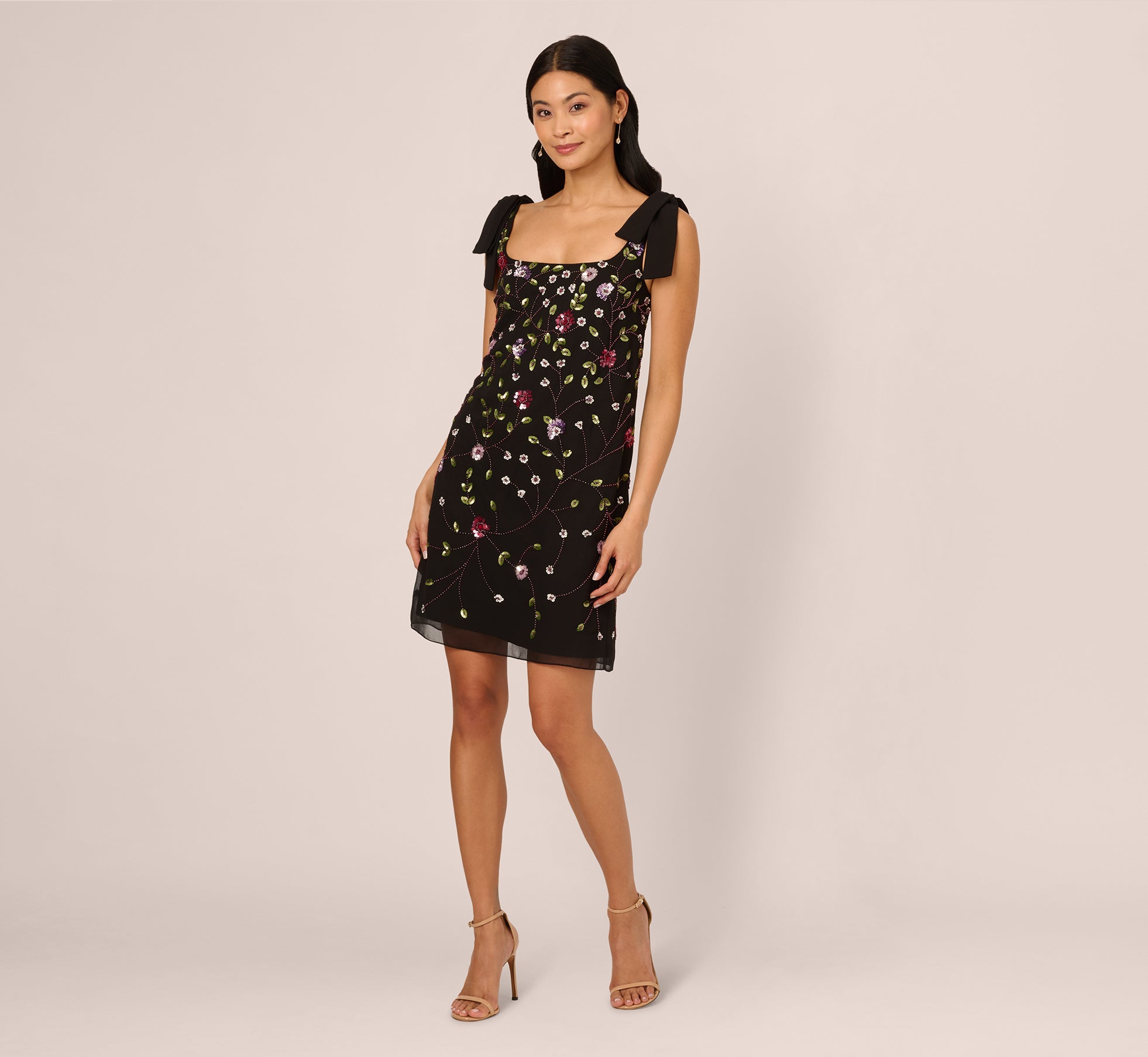 Bow Shoulder Floral Beaded Sheath Dress In Black Multi、mySite、solidvoid