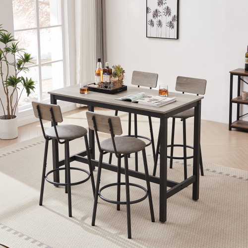 Bar Table Set with 4 Bar stools PU Soft seat with backrest, Grey, 47.24'' L x 23.62'' W x 35.43'' H、、casual