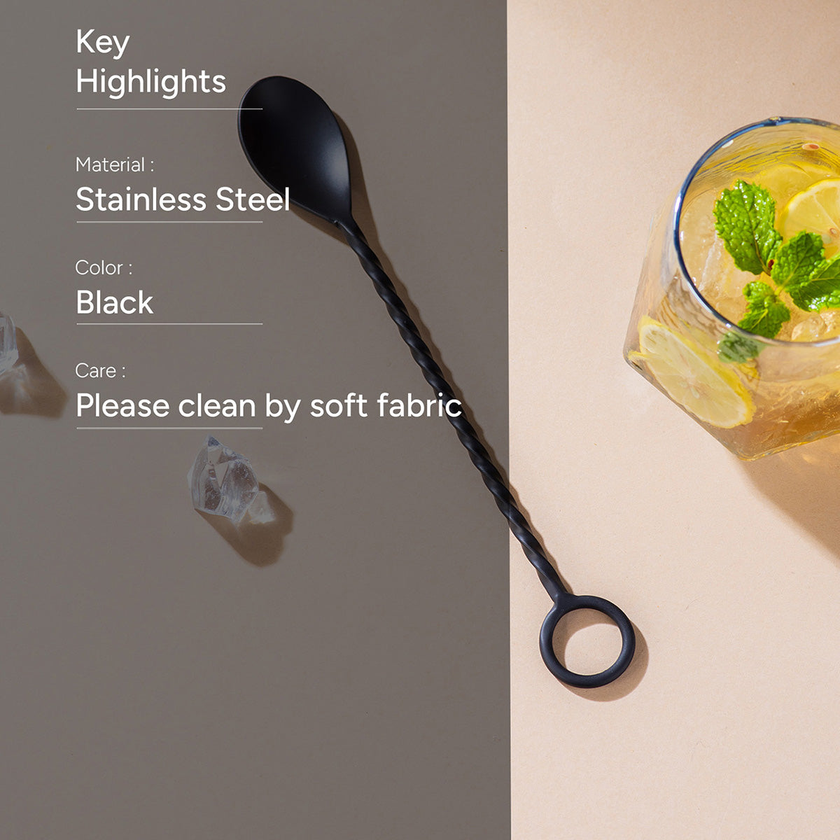 Stainless Steel Bar Spoon | Long Twisted Handle | Black、mySite、camillekostekn