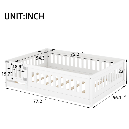 Twin Size Floor Bed with Heightened Safety Guardrails and Door, Solid Wood Bedframe with Rails for Girls, Boys, Teens, Child Bedroom, Kids Playroom, No Slats Included, White、、casual