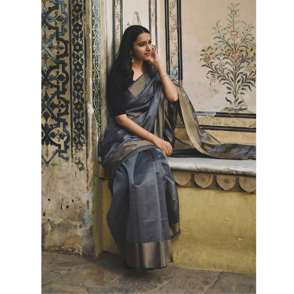 Festive Wear | Maheshwari Cotton Silk Saree | Grey & Gold、mySite、camillekostekn