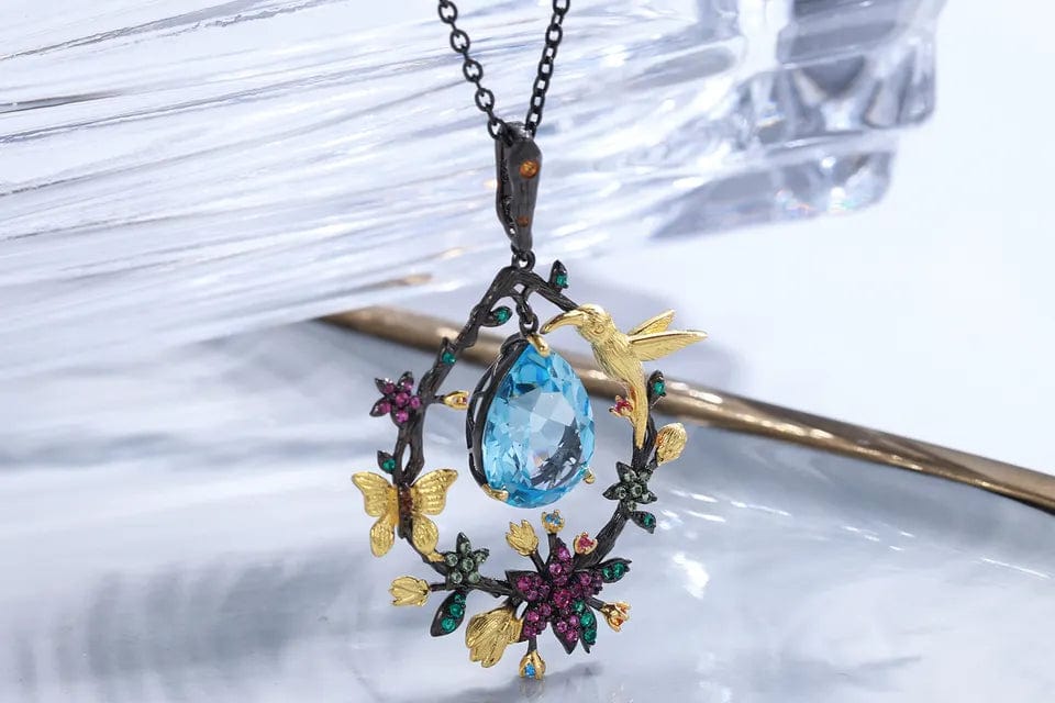 Hummingbird Floral Statement Necklace 925 Sterling Silver Waterproof Vintage Topaz, Amethyst or Citrine、mySite、g9winljtr