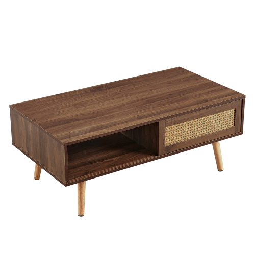 41.34" Rattan Coffee table, sliding door for storage, solid wood legs, Modern table for living room , natural、、casual