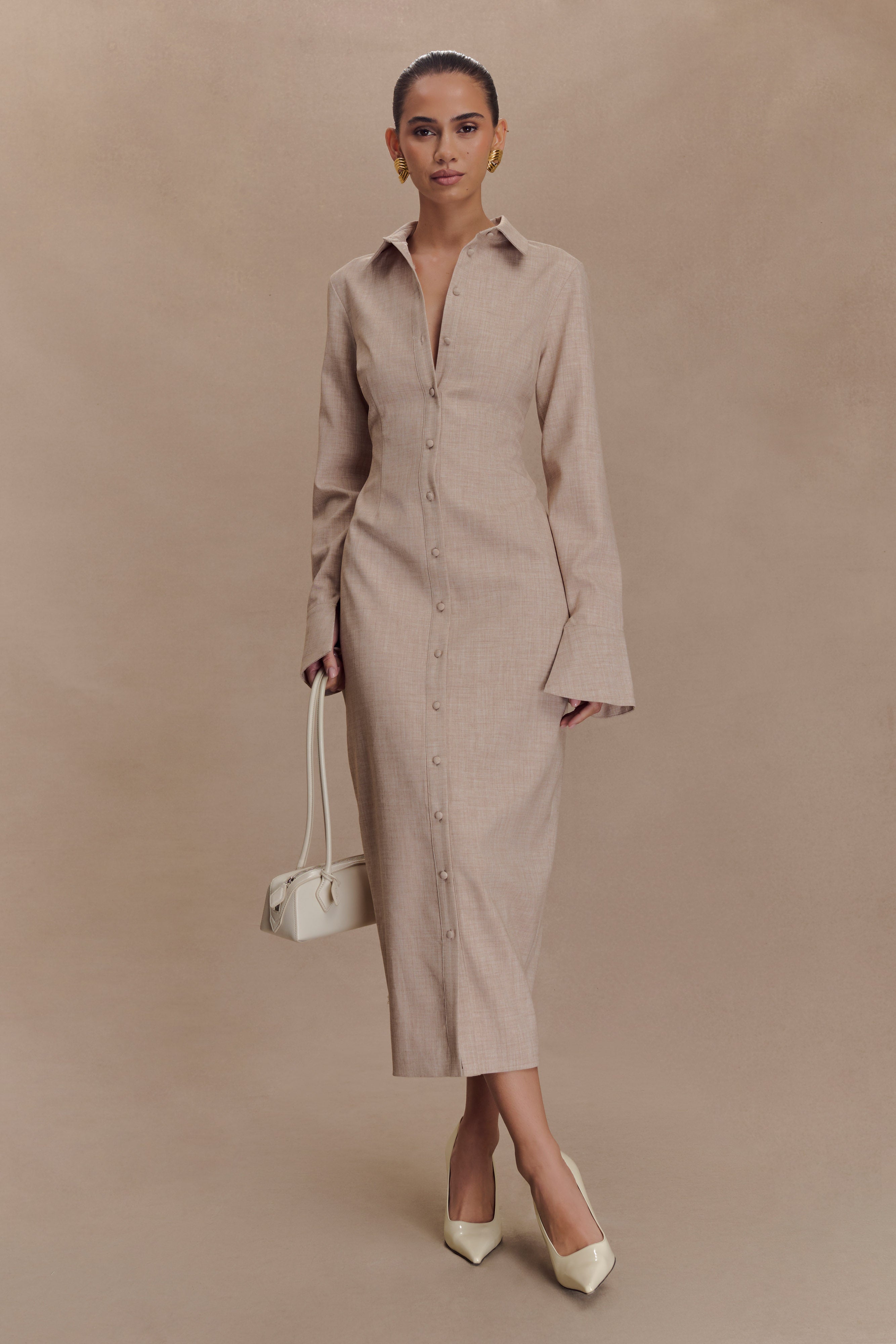 Dorian Fitted Shirt Midi Dress - Wheat Marle、mySite、solidvoid